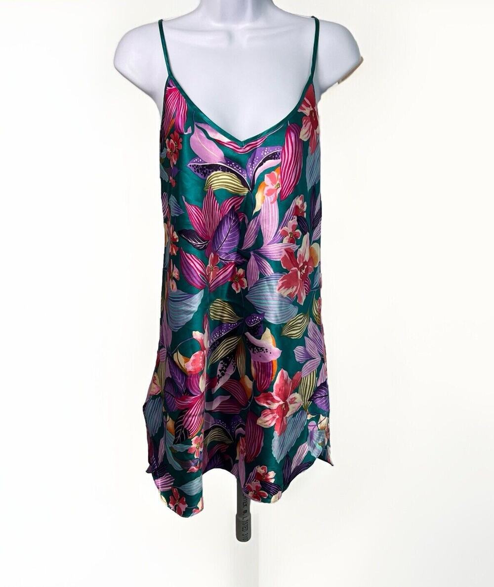Vintage 80s California Miss Paisley Print Lingerie Dress Teal Purple Satin